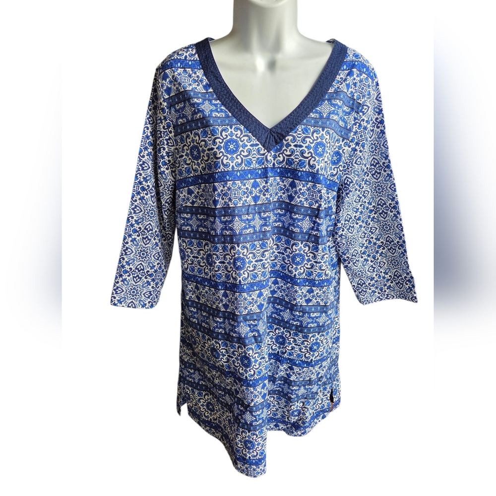 Lands’ End Deep Sea Mixed Majolica Blue White Tunic Top Dress Cover Up Size M